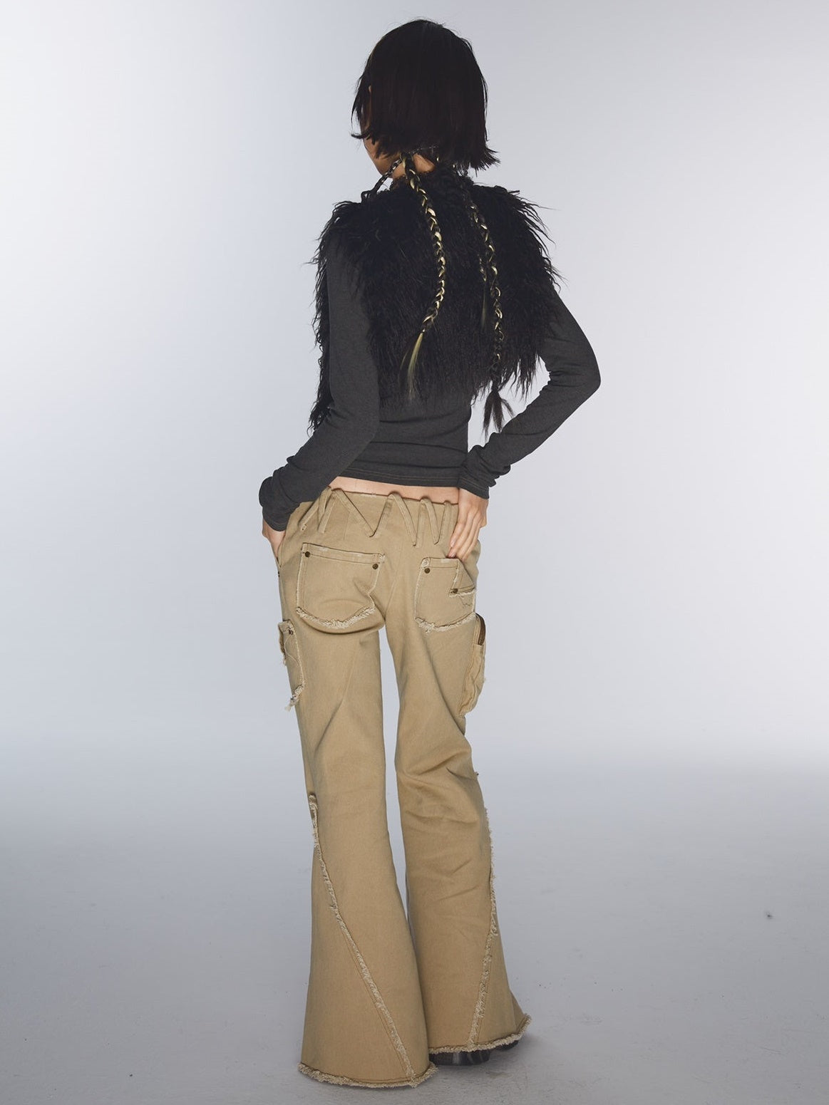 Ultra-low Waist Raw Edge Rivet Denim Flared Pants