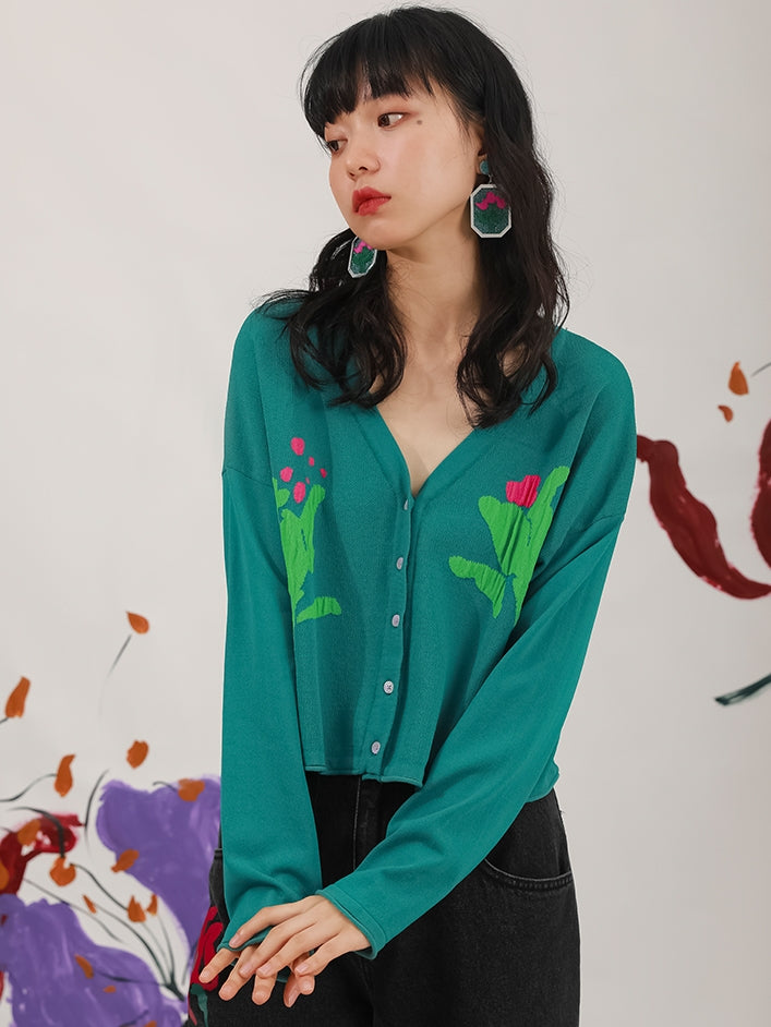 Tulip Pattern Jacquard Tricot Cardigan