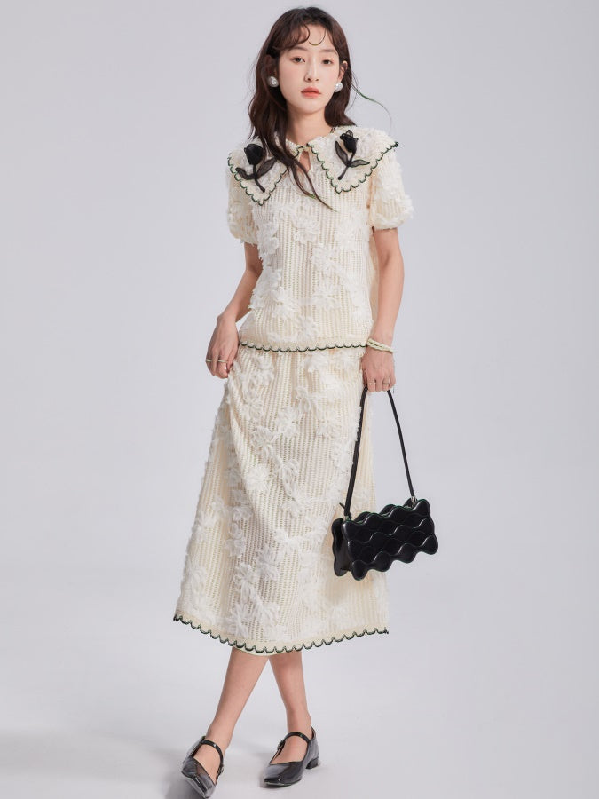 Tulip Embroidered Lace Shirt &amp; Skirt