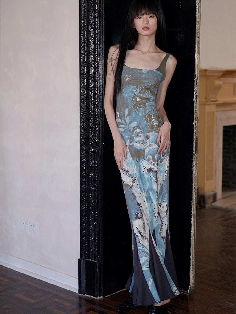 CHINESE PRINT ADJUSTABLE SLING FISHTAIL Dress