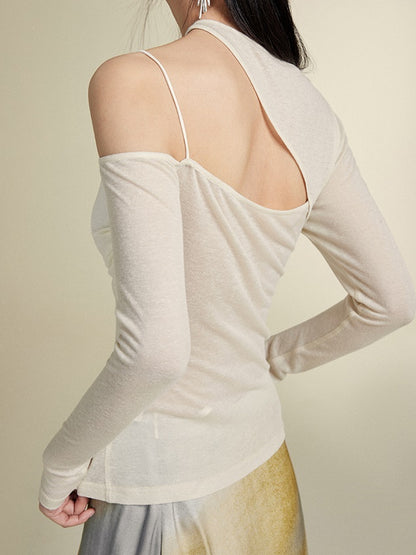 Stitching Off-the-shoulder Long-sleeved T-shirt