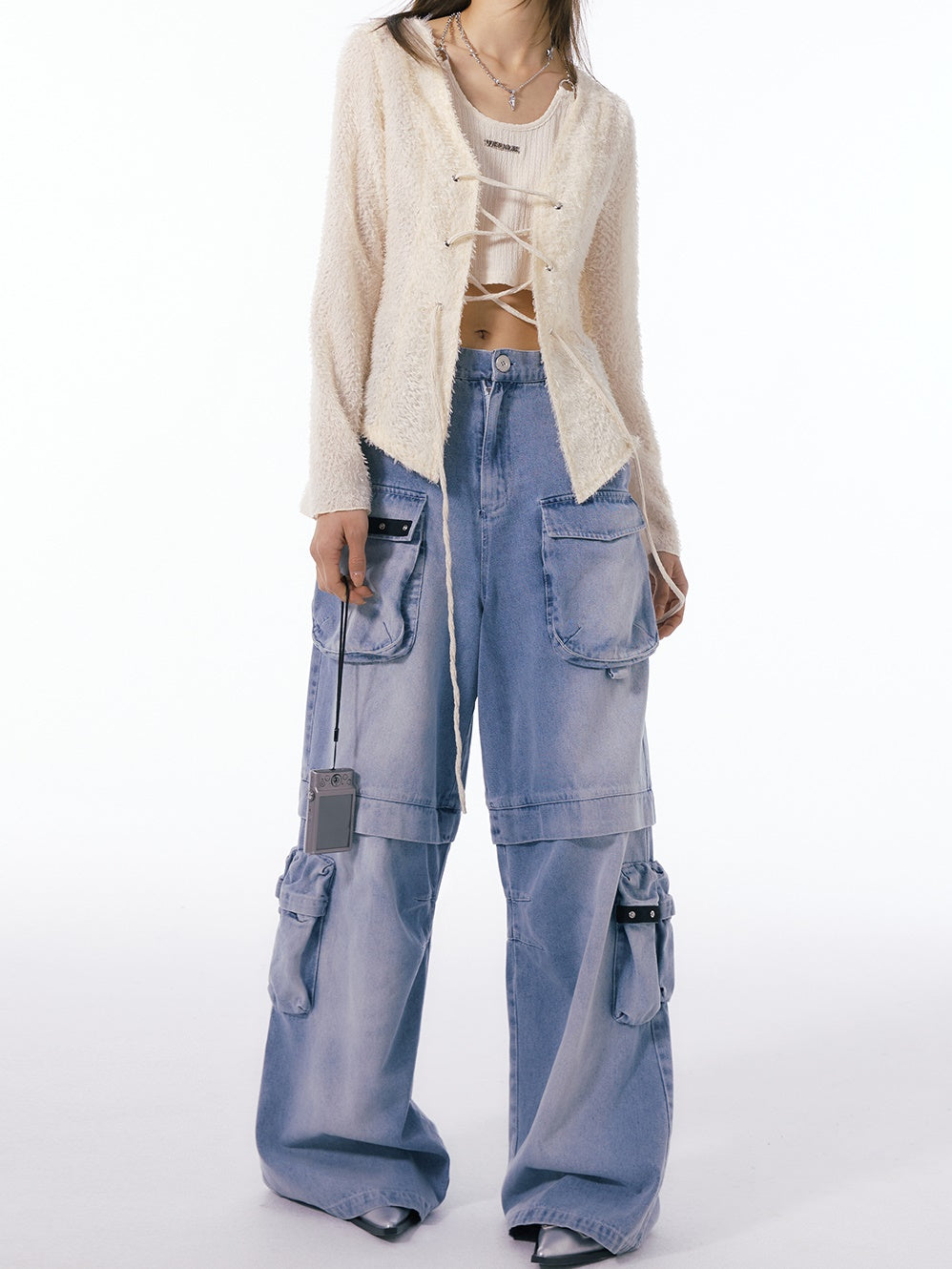 Multi-pocket Washed Straight Wide-leg Pants