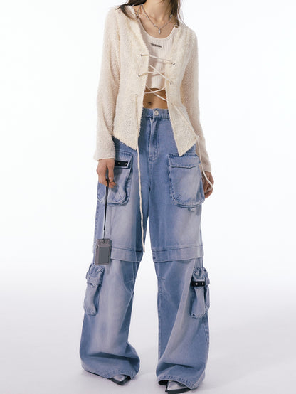 Multi-Pocket Washed Strait Wide-Leg Pants