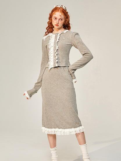 Frill Lace Classy Retro Mature Cardigan &amp; Skirt