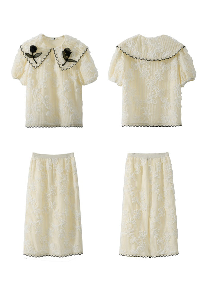 Tulip Embroidered Lace Shirt &amp; Skirt