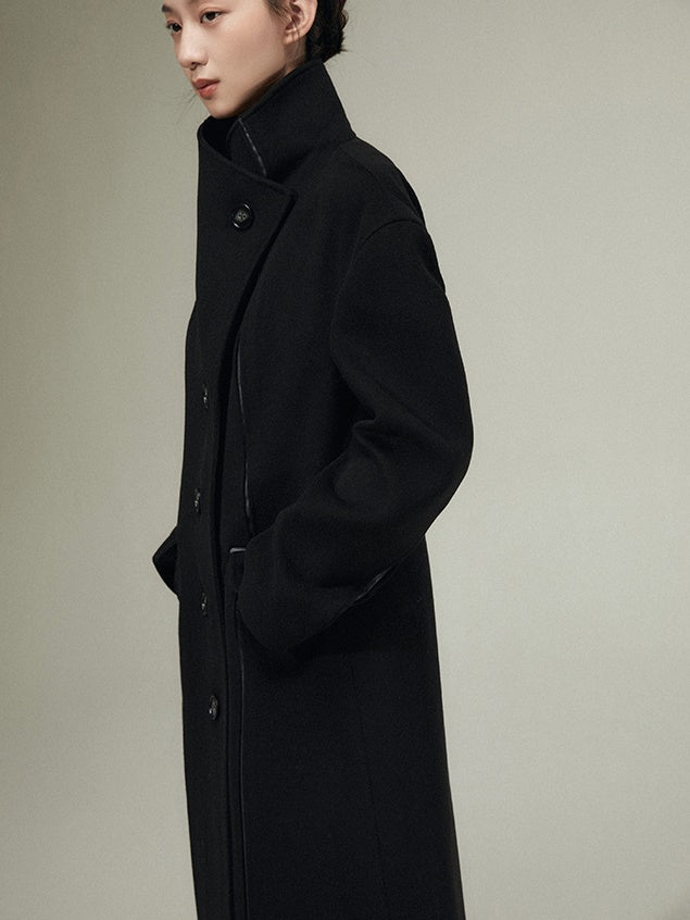 Patchwork Leather Wool Long Coat