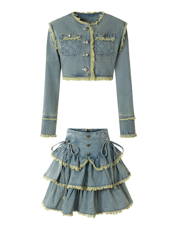 Raw Edge Denim Cake Skirt &amp; Short Jacket