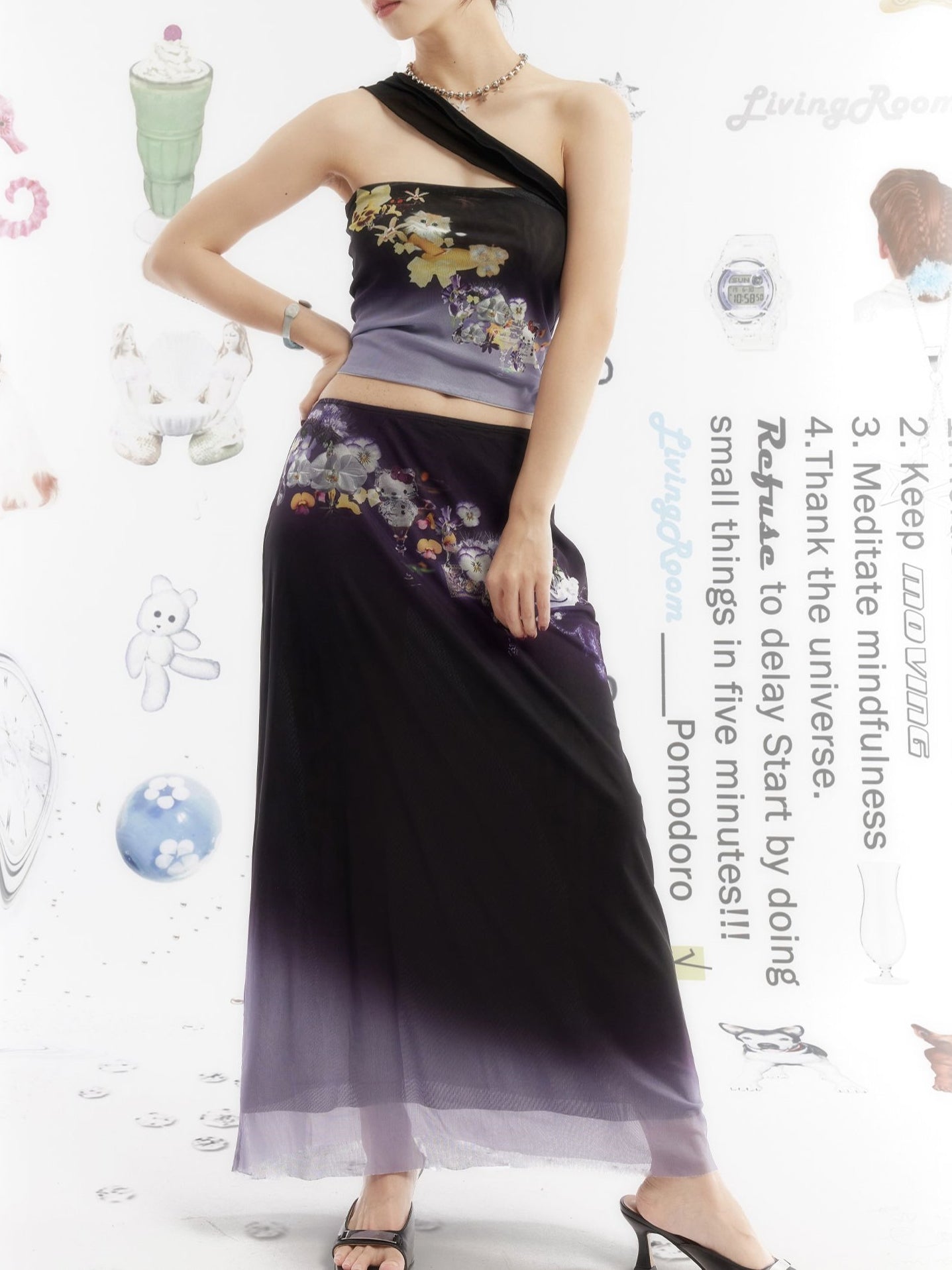 Gradient Chain Printed Mesh Maxi Skirt