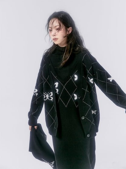 Rhombus karierter Schmetterling Strickjacke &amp; Mufffler