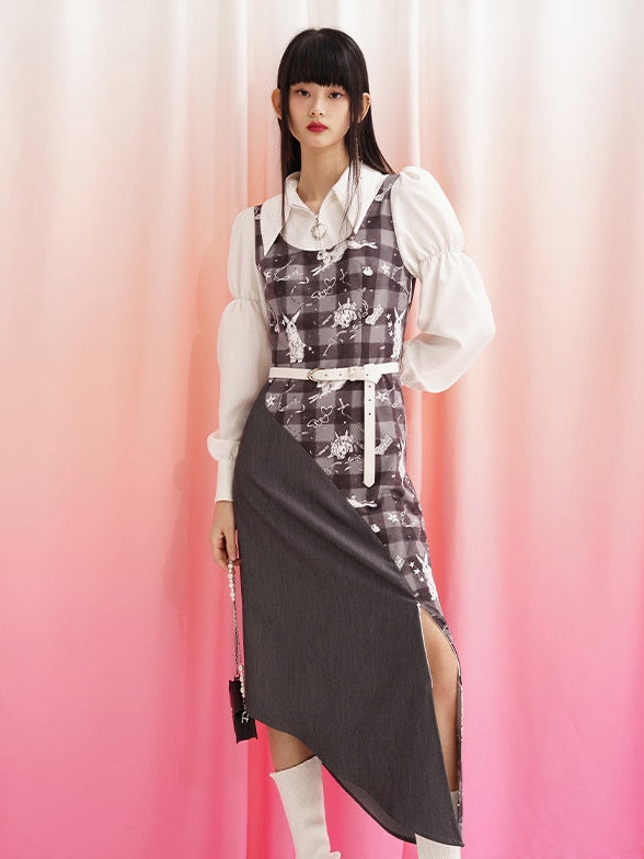 Fake Two-piece Shirt Mid-length Print Dress