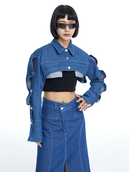 Denim Cropped Jacket Wave Bolero