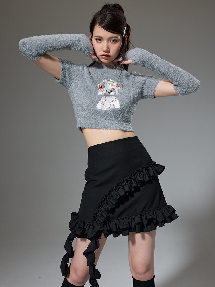 Puppy Embroidered Short Sleeve Knit Sweater