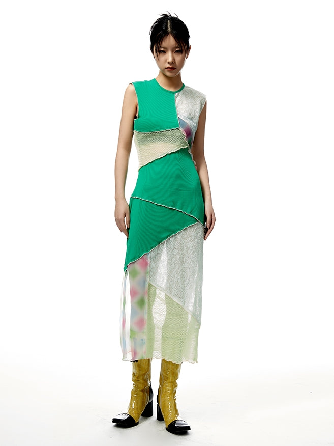 Multi-Color Stitching Color-Blocking Sleeveress Dress