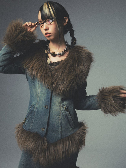 Washed Old Quilted Asymmetric Fur Collar Lapel Denim Jacket &amp; Skirt