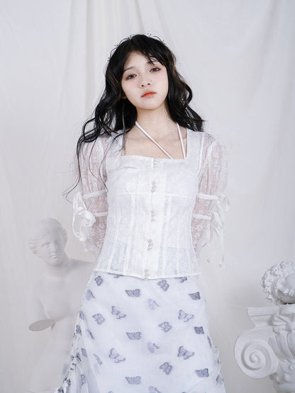 Fluffy Sheer Lace Ribbon Sweet Blouse