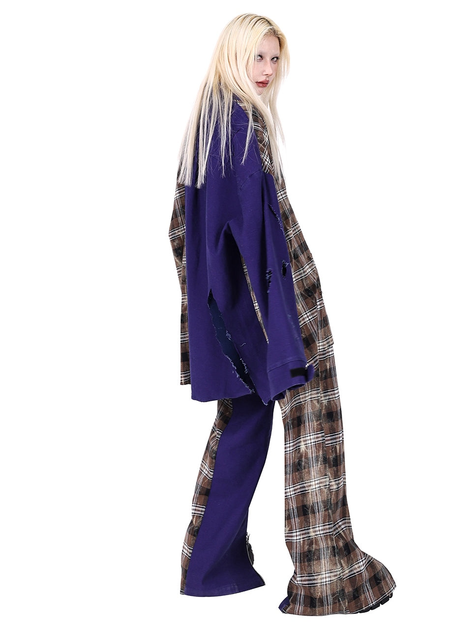 Zipper Stitching Plaid Wide-leg Pants