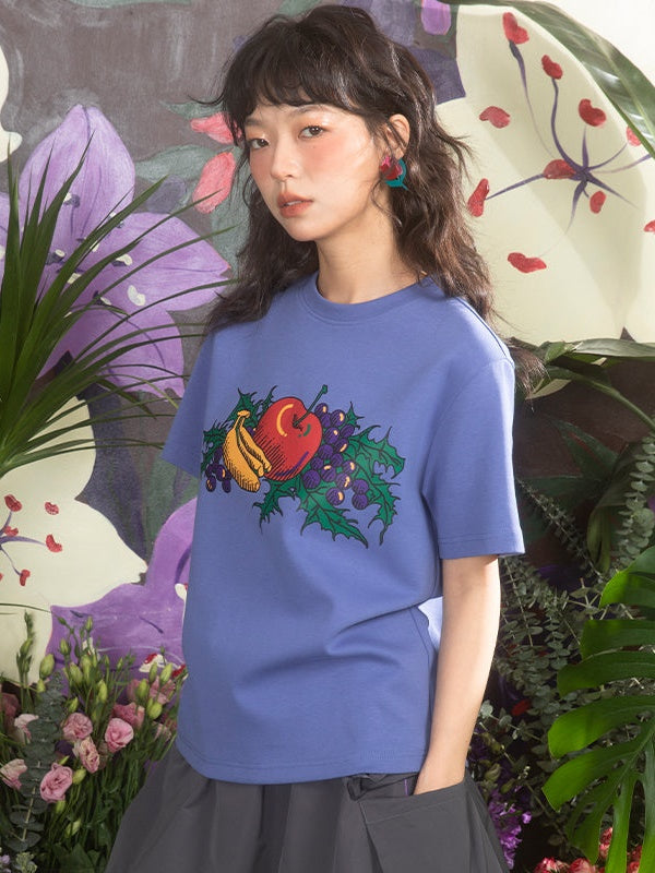 Oil Painting Fruit Printed Loose T-Shirt