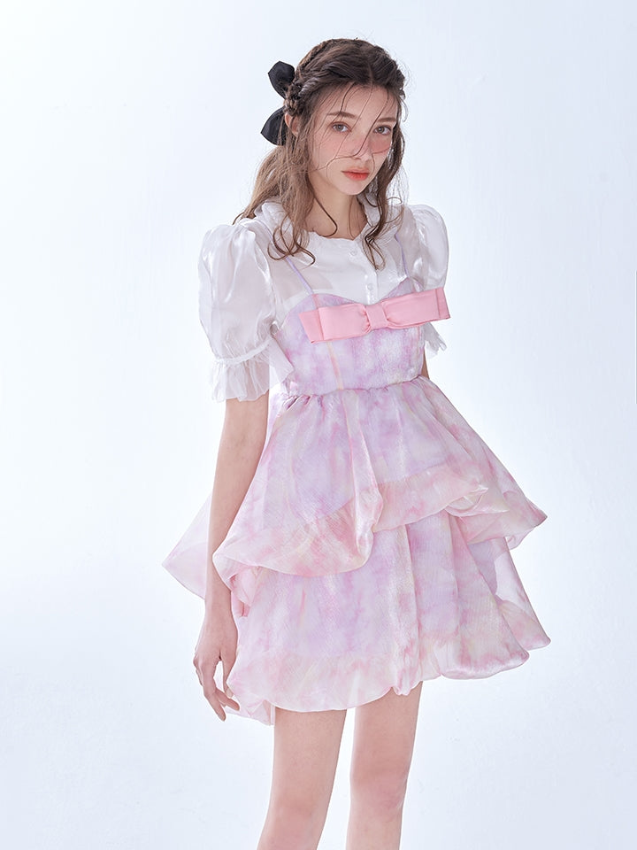 Blooming Bow Double-Layer Strap Dress