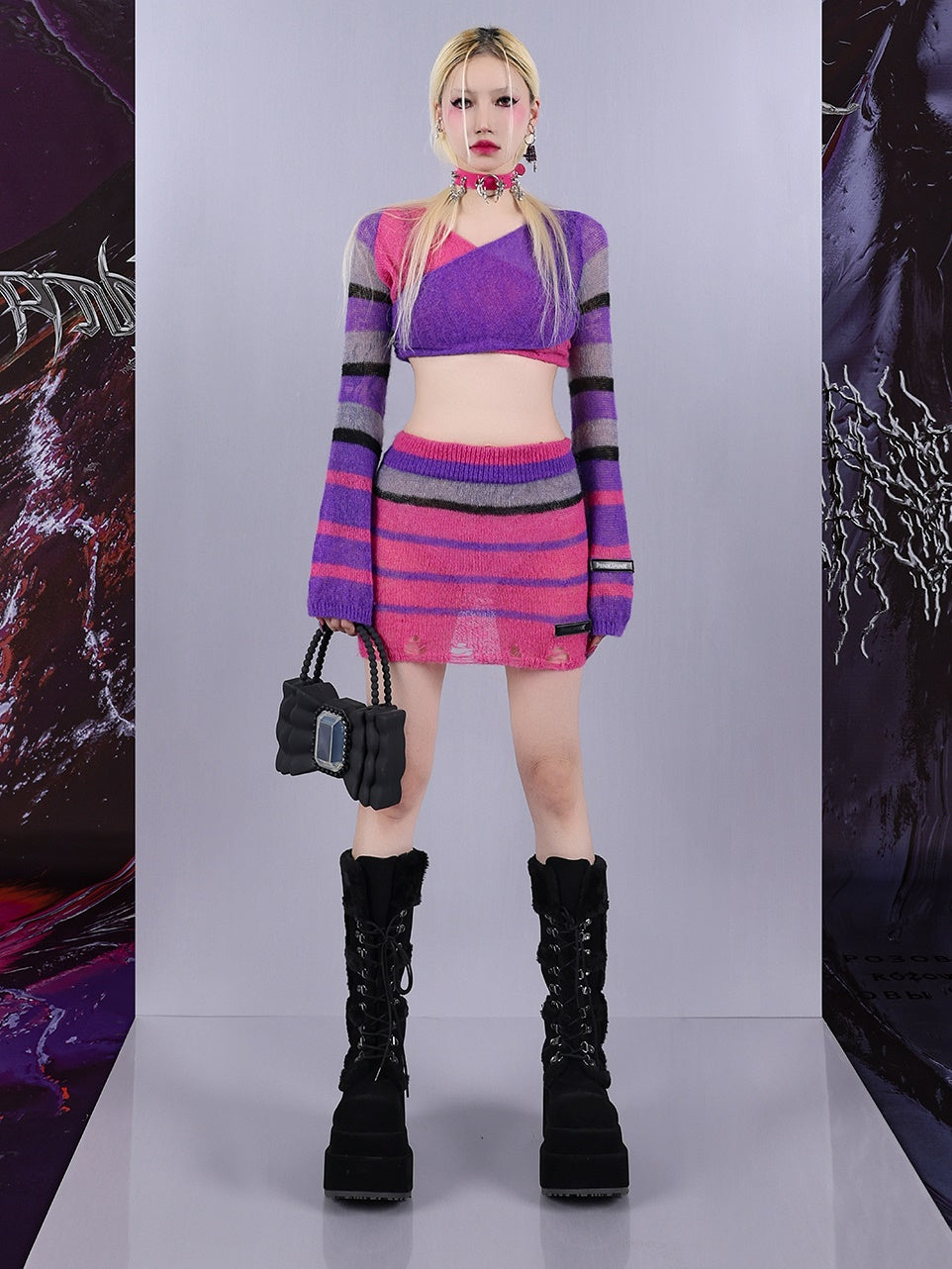 Impact Color Stripe Knitted Top &amp; Skirt