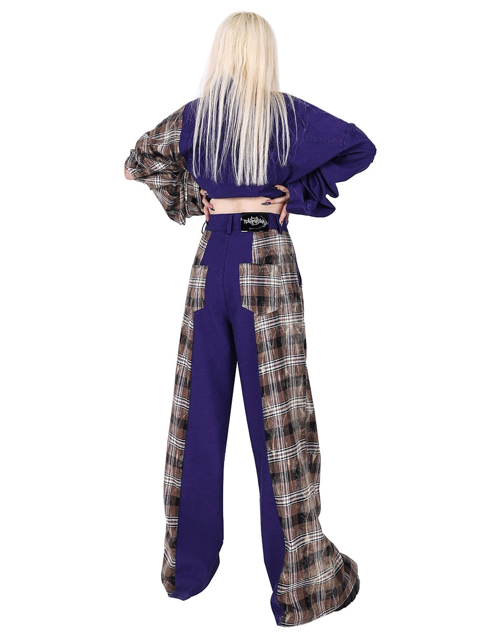 Zipper Stitching Plaid Wide-leg Pants