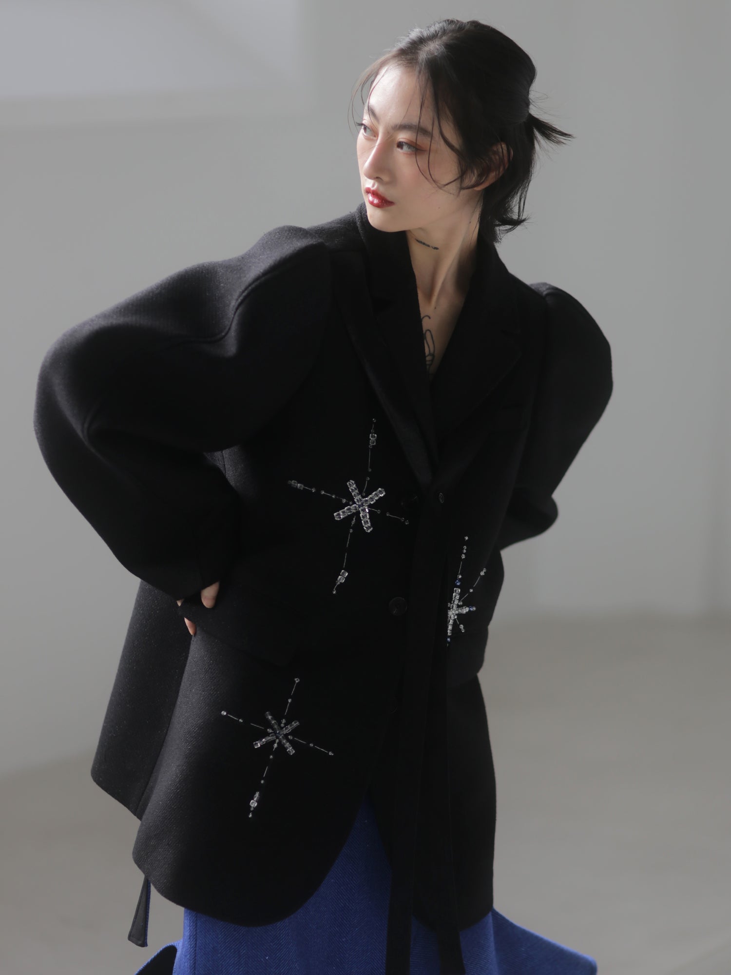 Beaded snowflake woolen Round Shoulder Silhouette COAT