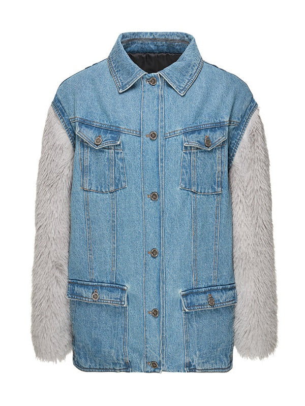 Denim Stitching Fur Jacket