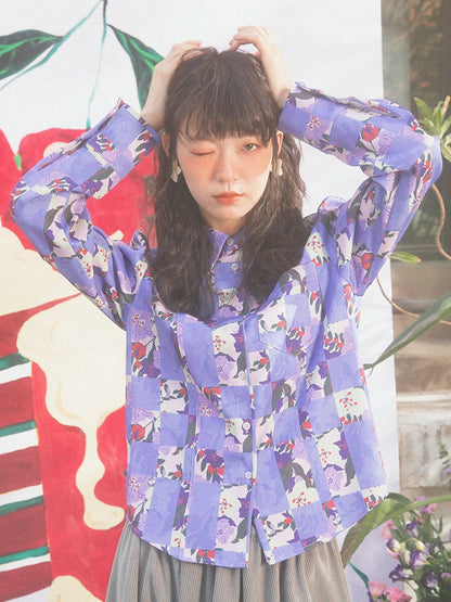 Checkerboard Cherry Blossom Pattern Loose Shirt