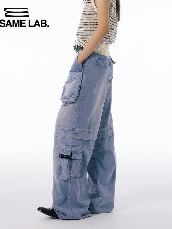 Multi-pocket Washed Straight Wide-leg Pants