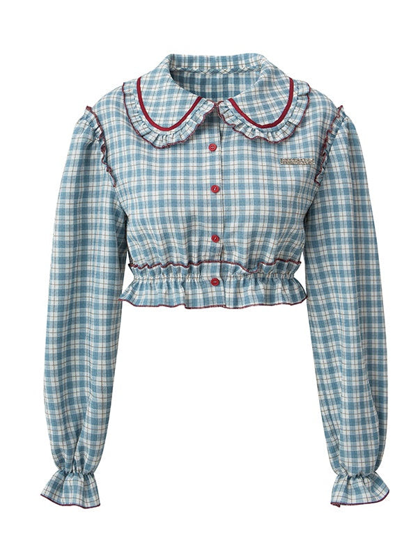 PLAID DOLL COLLAR PUFF SLEEVE SHIRT