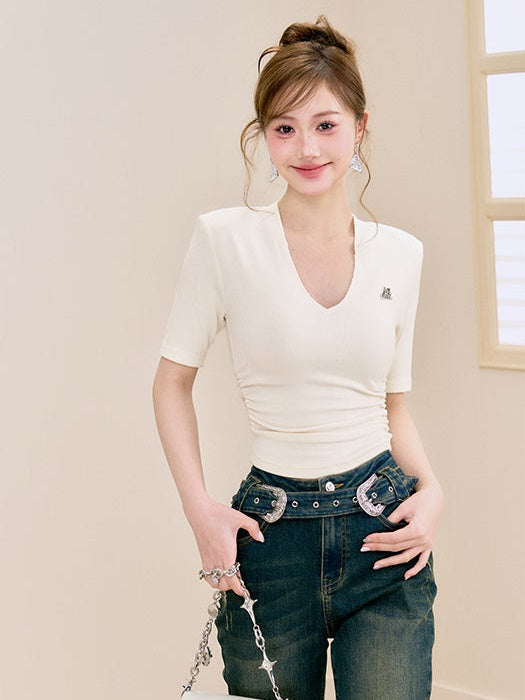 V-Neck Shirring Slim Fit 티셔츠