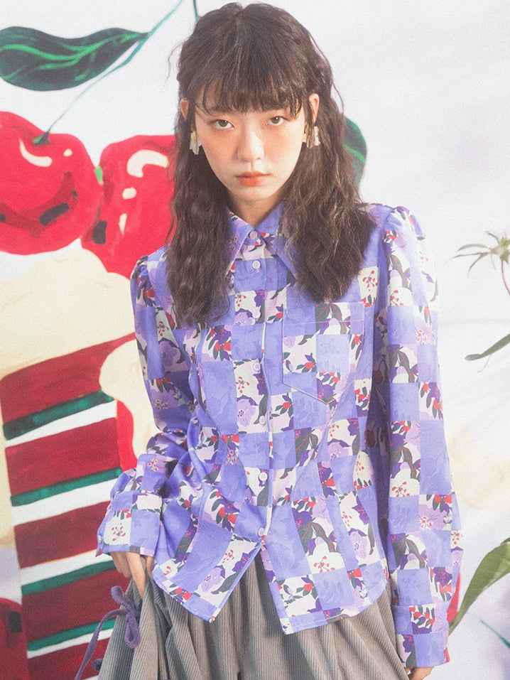 Checkerboard Cherry Blossom Pattern Loose Shirt