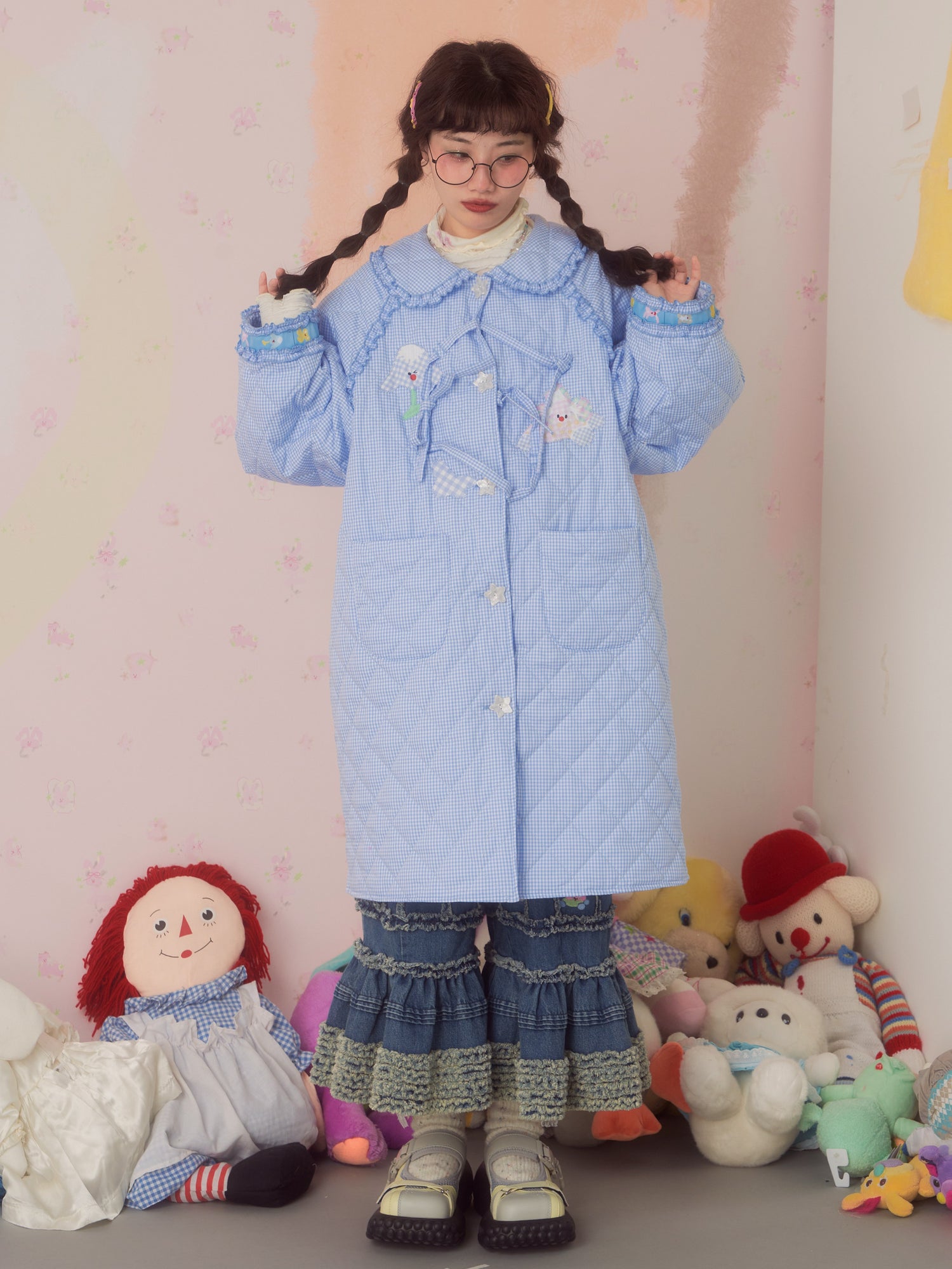 Grid Patchwork Design Doll Collar Long Coat