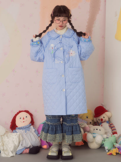 Grid Patchwork Design Doll Collar Long Coat