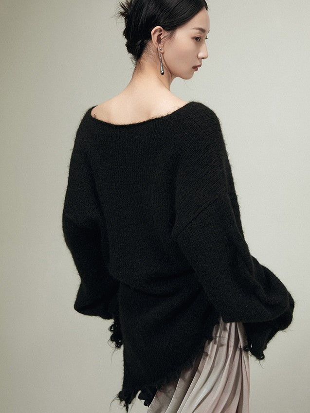 Irregular Raw Edge Hem Hole Sweater