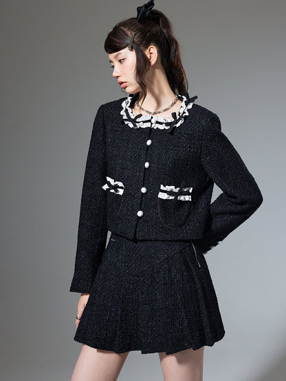 Round Neck Bow Cardigan Jacket &amp; Pleated Skirt