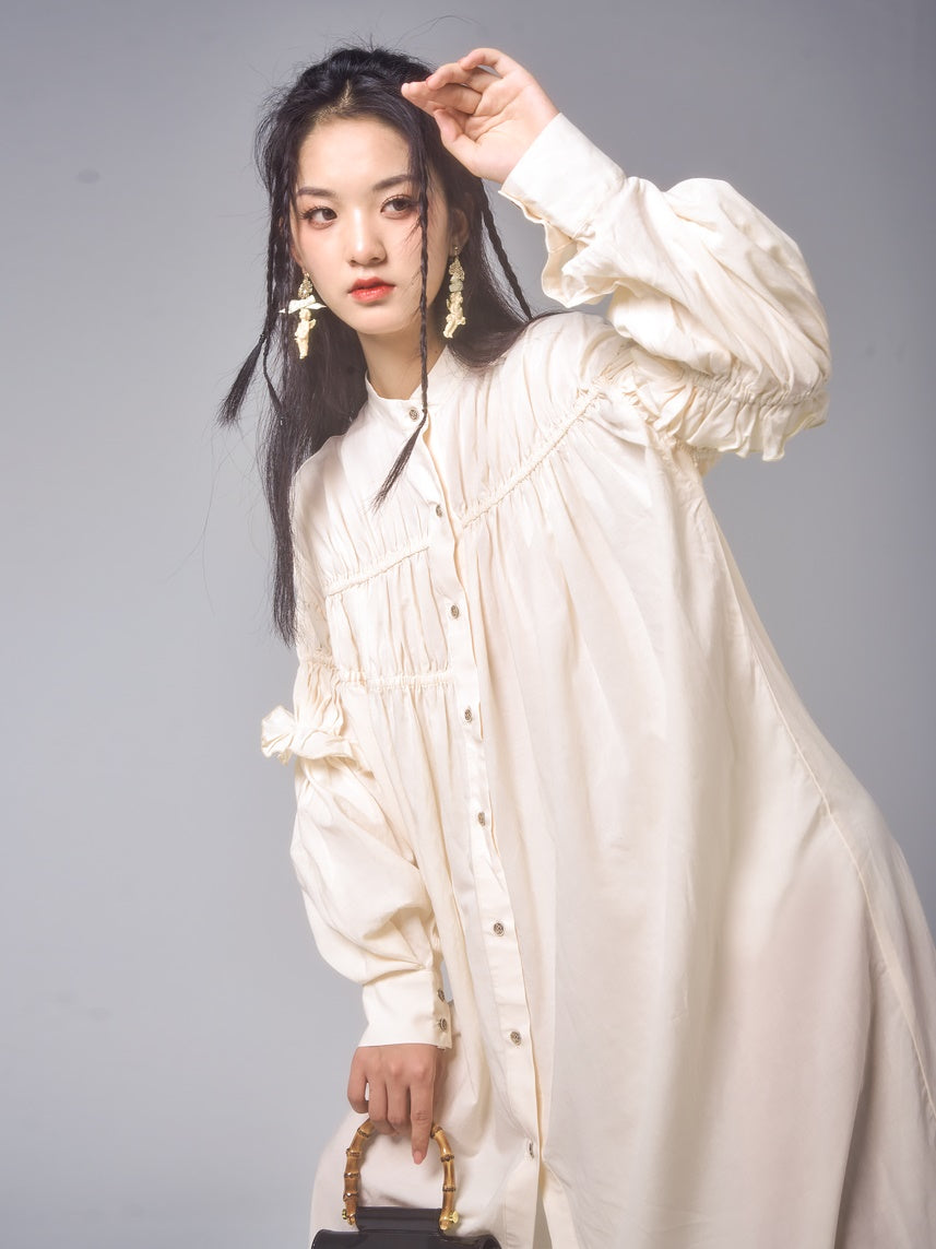 Ruffled Cotton Shirring Long Dress