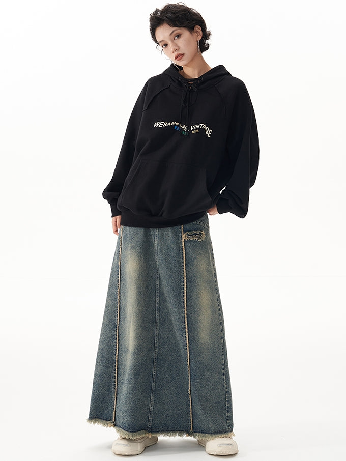 Retro Raw Edge Slit Washed Denim Skirt