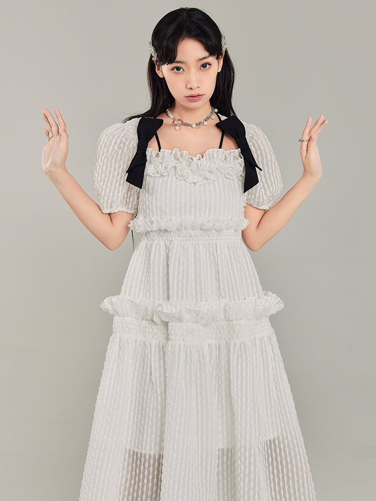 Puff Sleeve Bow Mesh Long Dress