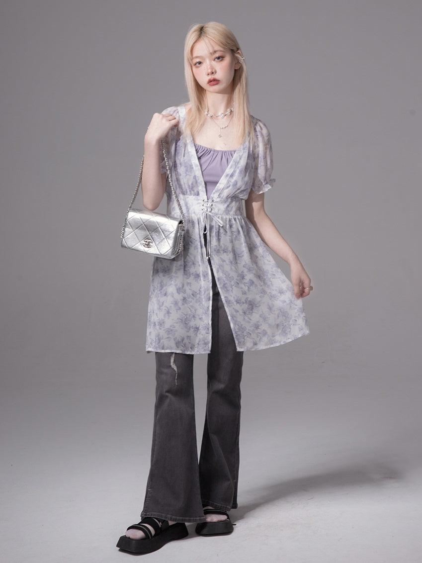 Romantic Transparent Floral Shirt ＆ Camisole Set-up