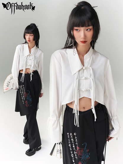 Chinese Style Asymmetric Fringed Button Shirt