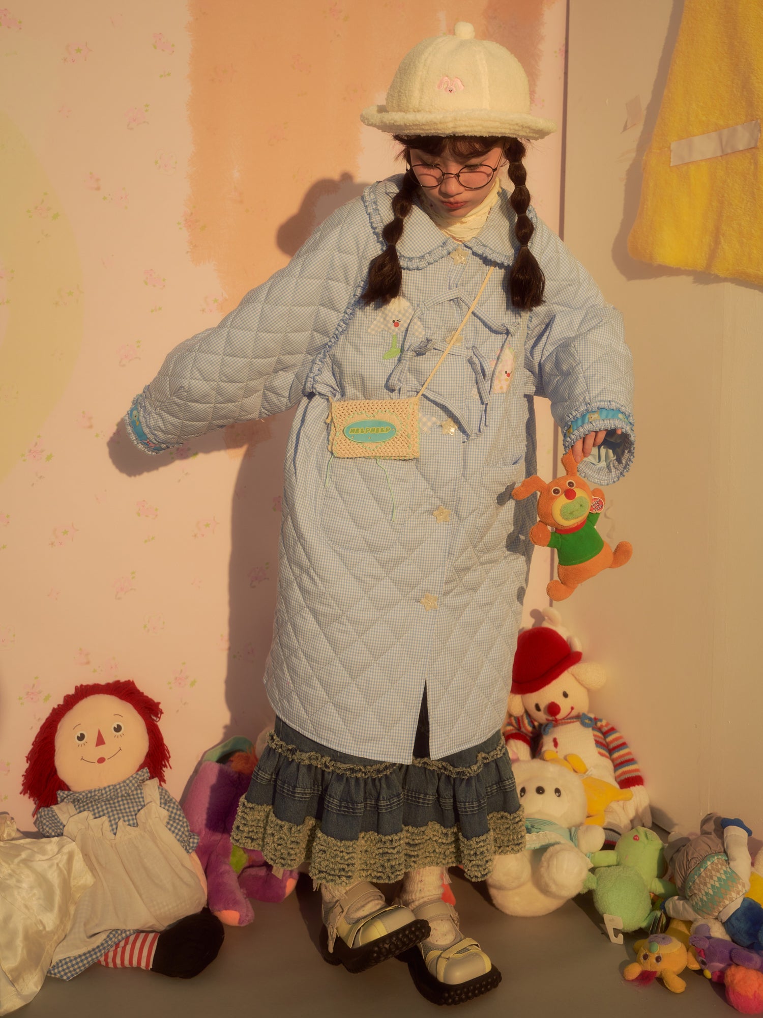 Grid Patchwork Design Doll Collar Long Coat