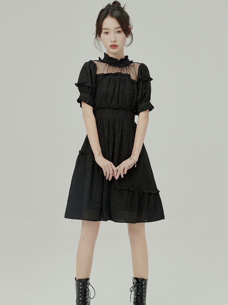 Jacquard Black Bow Asymmetric Dress