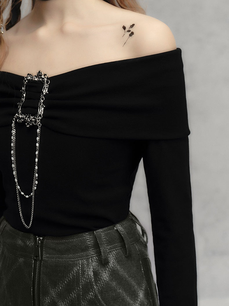 Off-the-shoulder Metal Chain Sexy Knitted Top