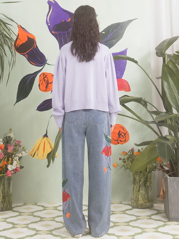 Flower Print Light Wash Blue Loose Denim