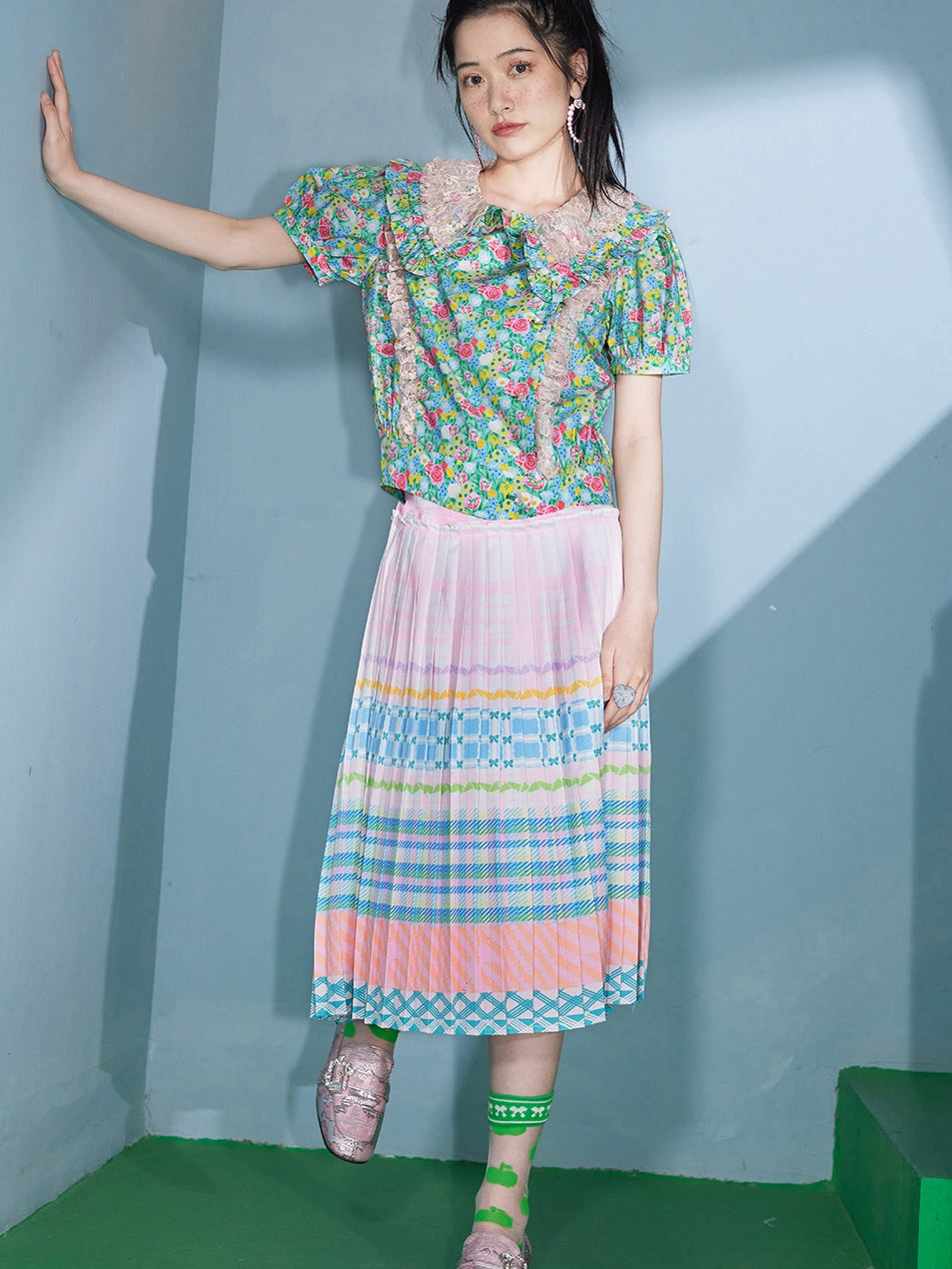 Macaron Check Striped Pattern PLEATED SKIRT