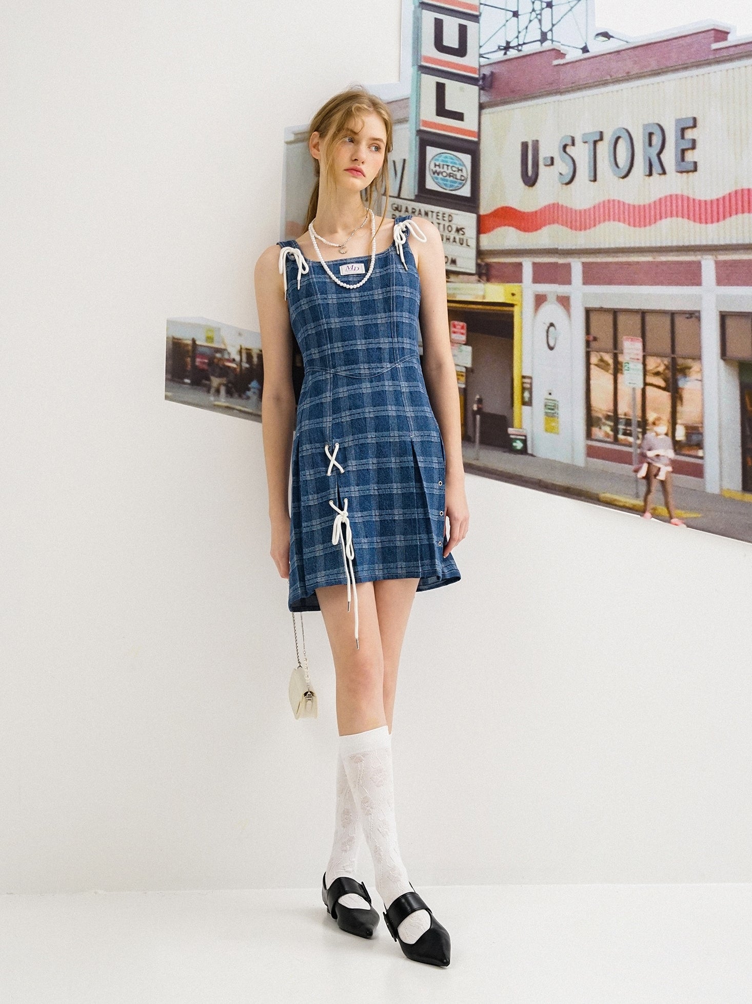 Retro Strap Denim Plaid Skirt