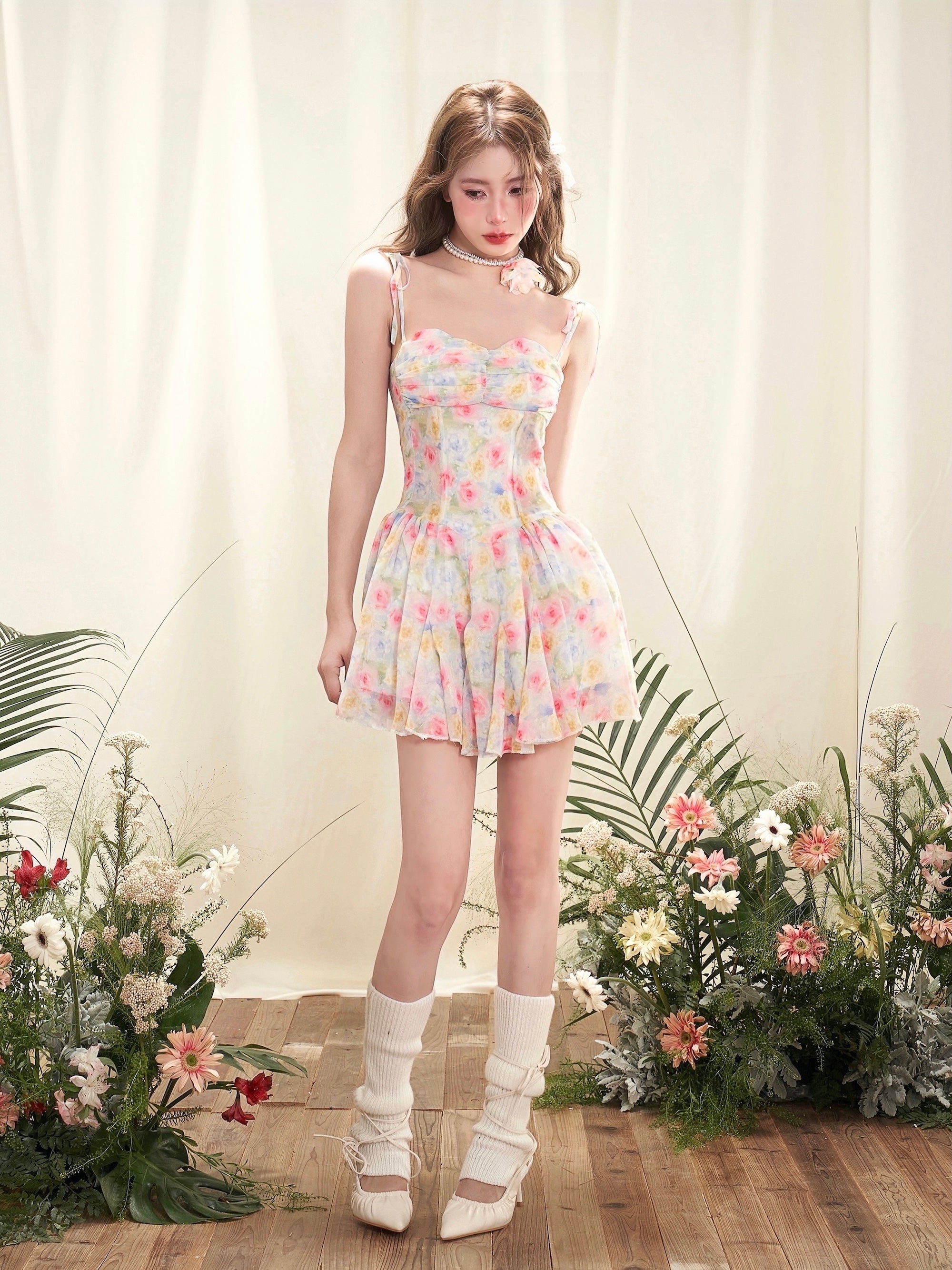 Smudged Floral Suspender Dress With Rose Pearl Necklace