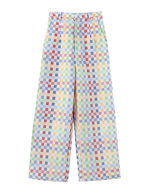 Retro Mosaic Plaid Casual Long Trousers