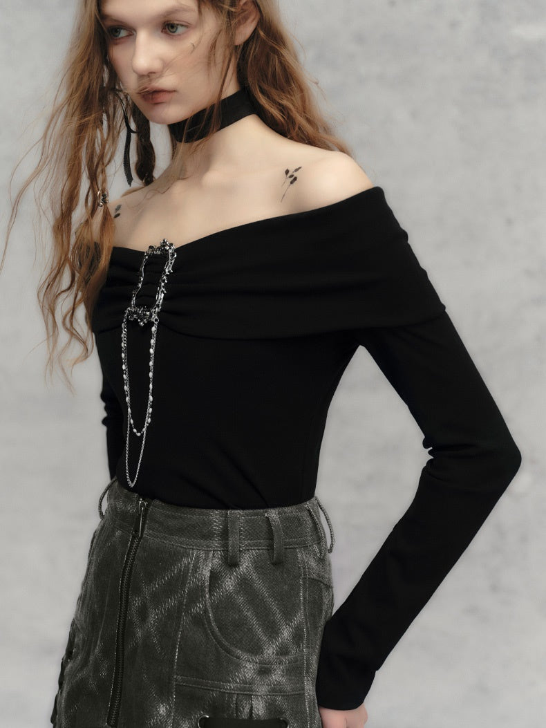 Off-the-shoulder Metal Chain Sexy Knitted Top