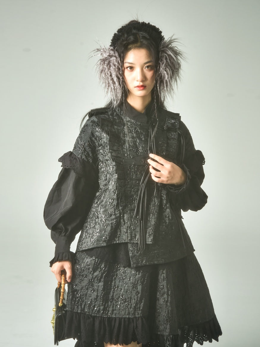 Jacquard Improved Chinese Style Lace Shirred Ruffled jacket &amp; Skirt